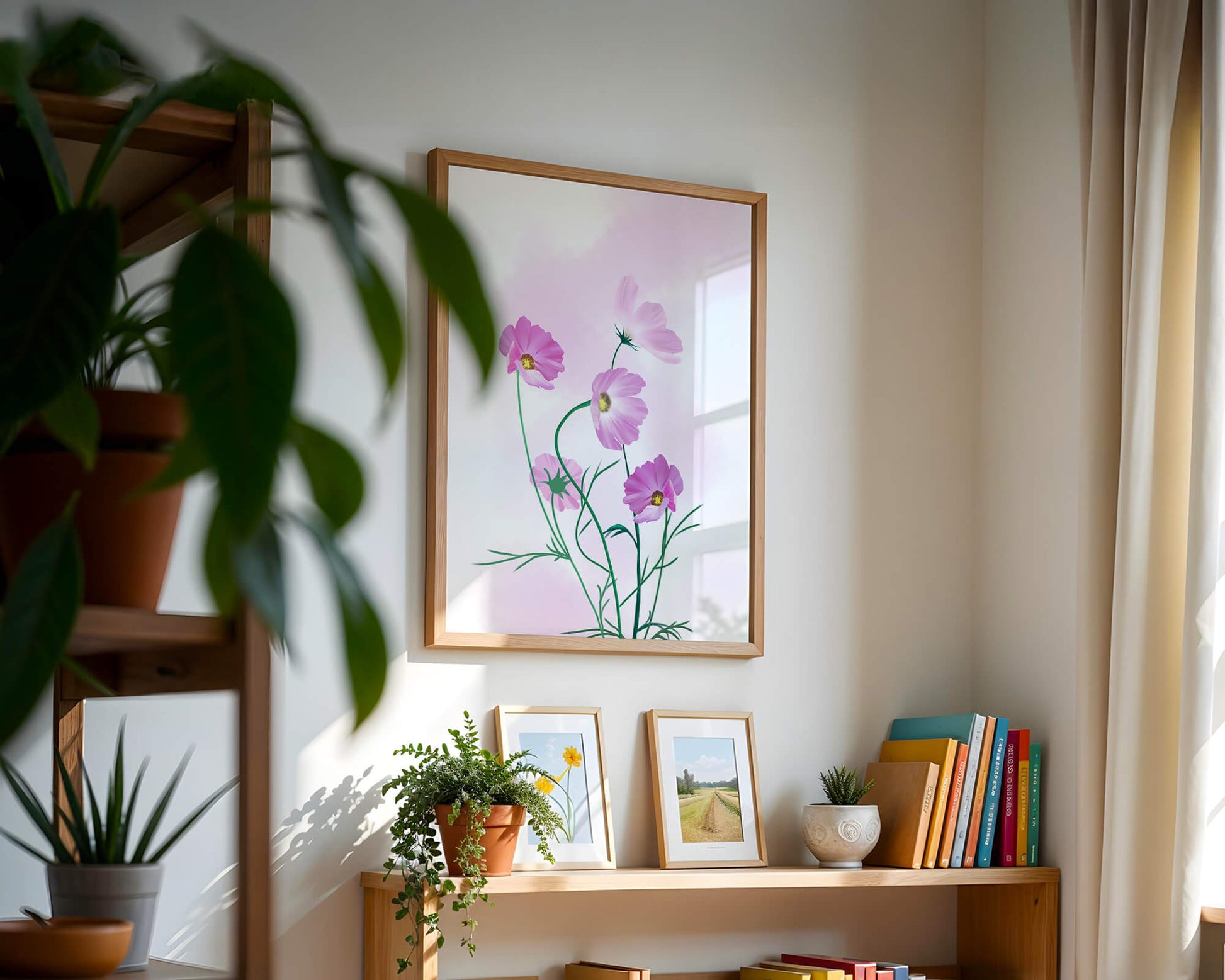 Digital illustration of pink cosmos flowers against a soft pastel background