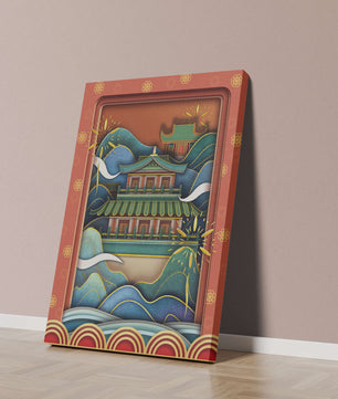 Traditionelle asiatische Architektur mit dekorativem Feuerwerk und Wellen