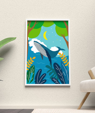 Illustration eines Wals in einer farbenfrohen Waldszene mit Mond und Pflanzen