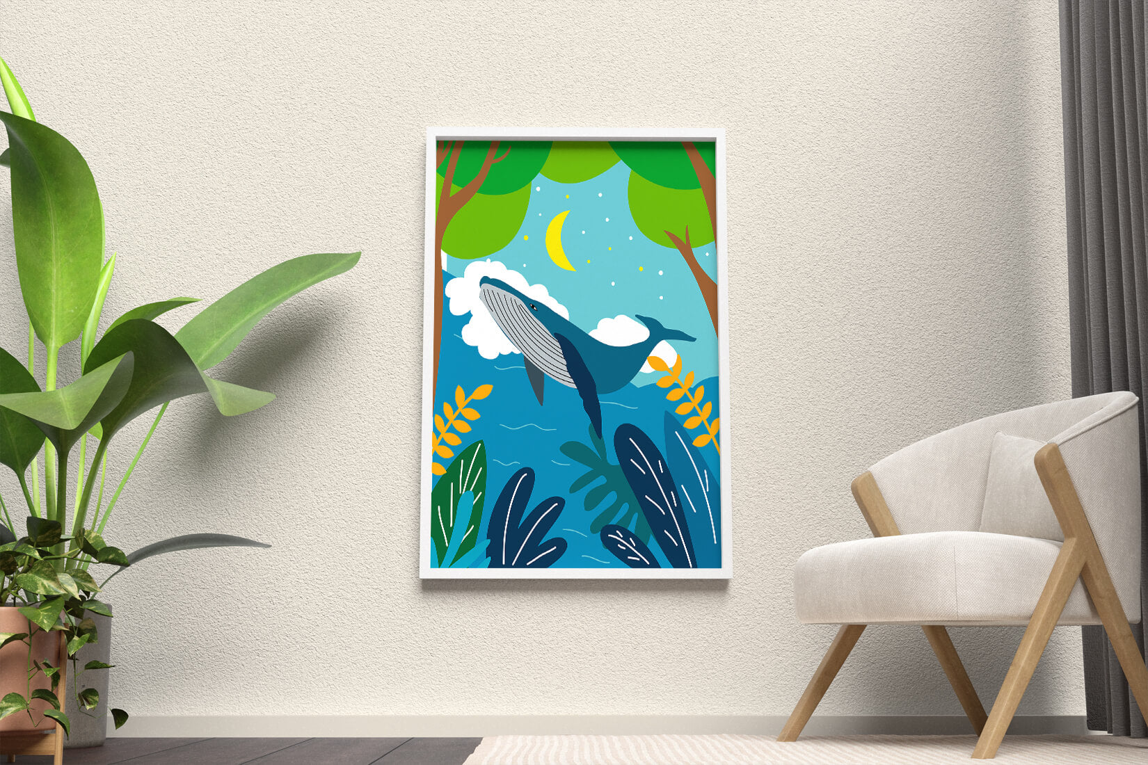 Illustration of a whale in a colorful forest scene with moon and plants