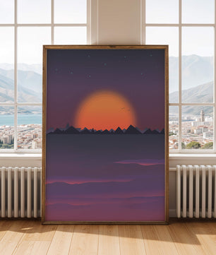 Sunset Over Mountains with Starry Sky