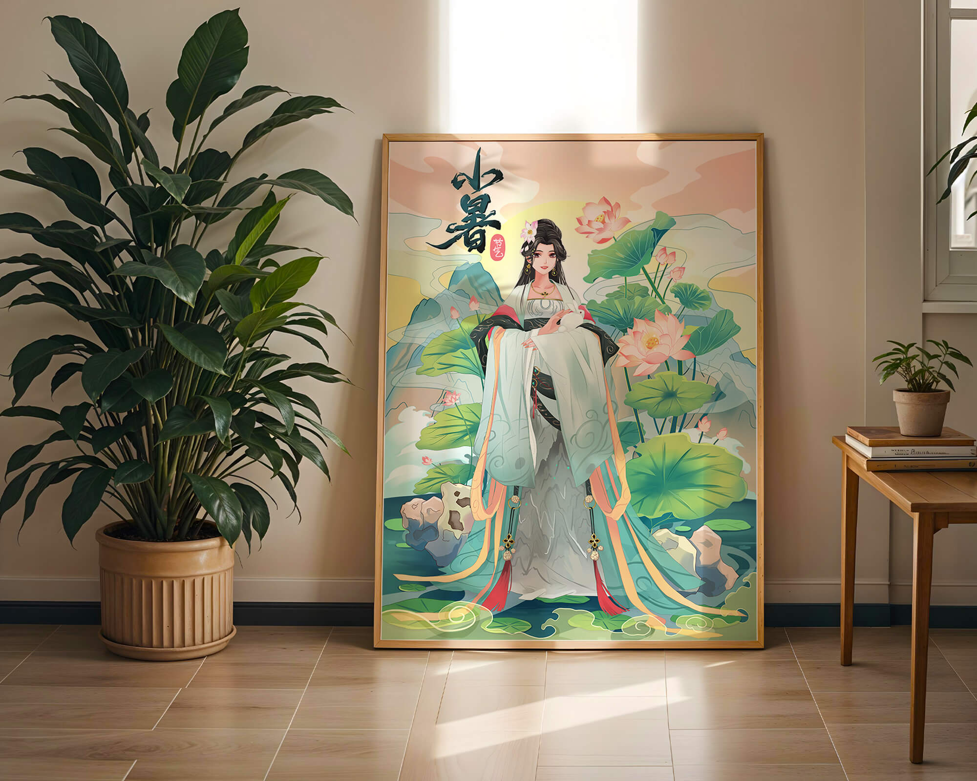 Elegant woman in traditional attire with lotus flowers and serene backdrop