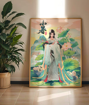 Elegant woman in traditional attire with lotus flowers and serene backdrop