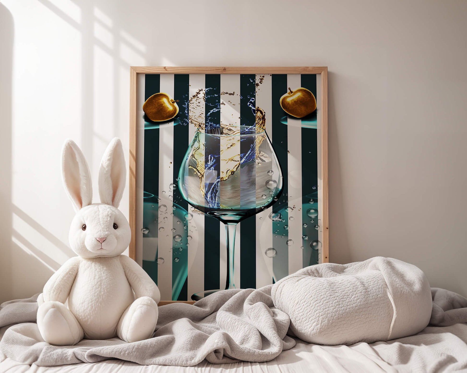 Elegant Glass of Champagne with Golden Apples and Striped Background