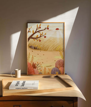 Autumn landscape illustration with apple tree and sunrise in a serene field