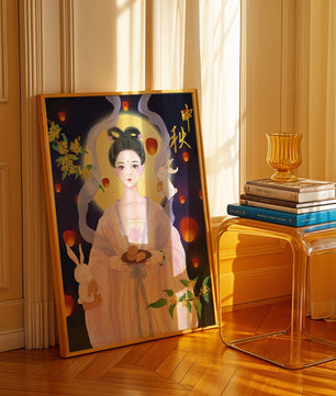Mid-Autumn Festival Illustration with Moon Goddess and Rabbits