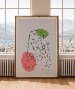 Line Art Portrait auf grauem Hintergrund mit Farbakzenten 