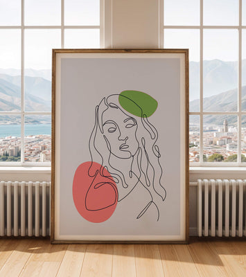 Line Art Portrait on Gray Background with Color Accents