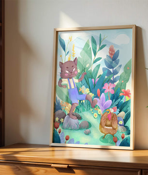 Playful Cat and Chicken in Vibrant Forest Scene Illustration