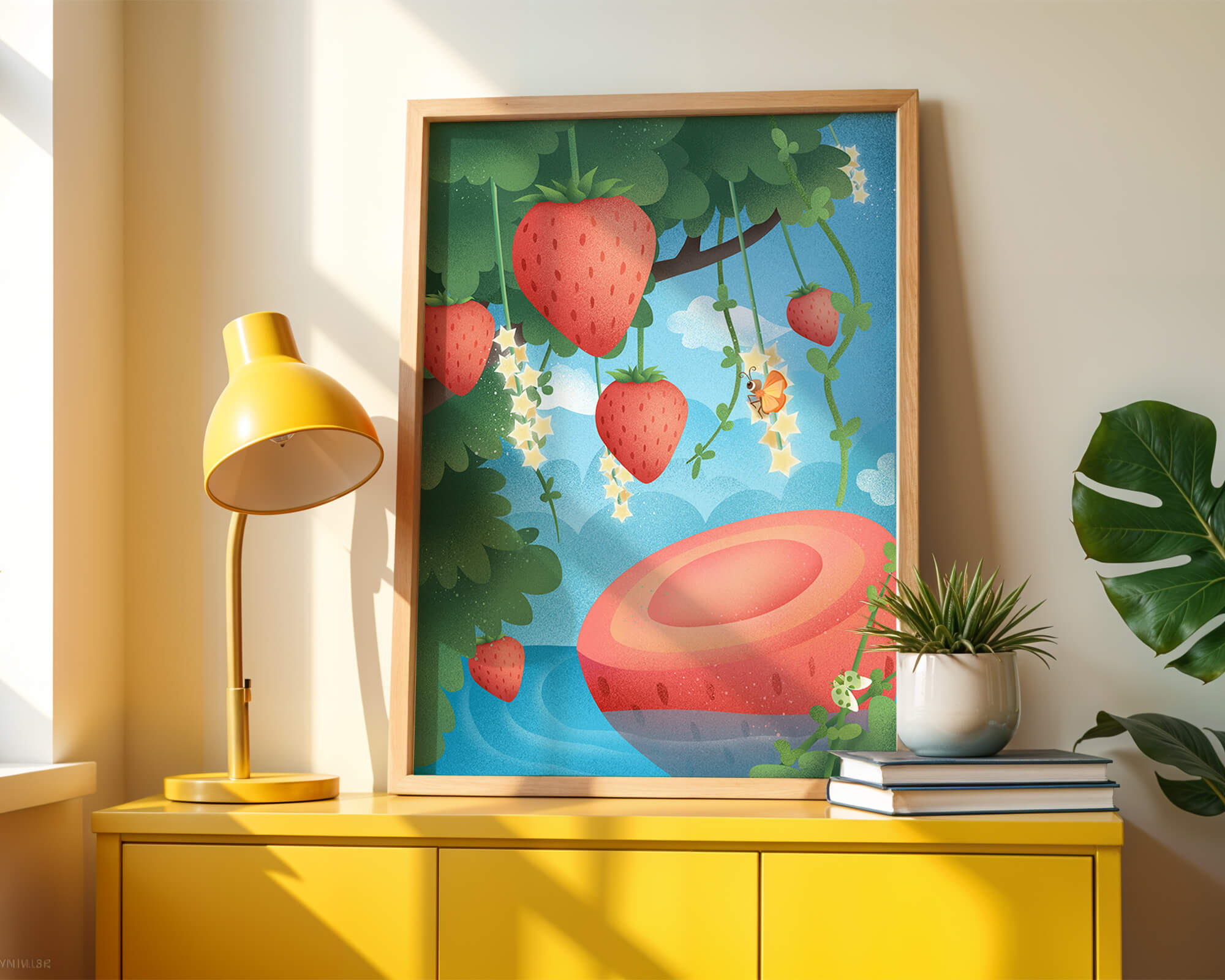 Illustrated strawberries in a whimsical garden setting
