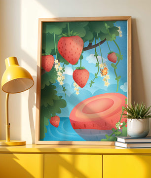 Illustrated strawberries in a whimsical garden setting