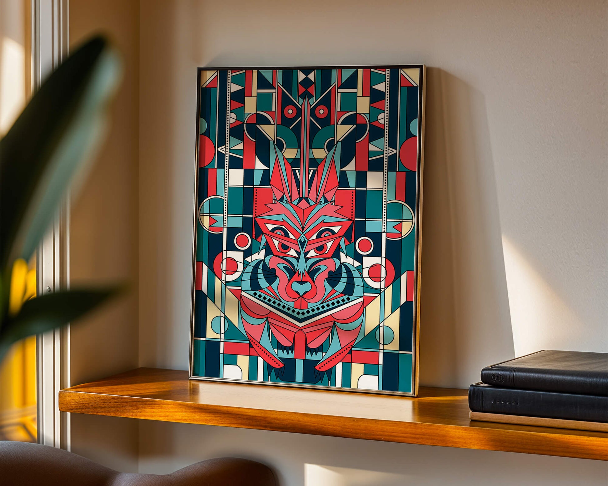 Arte abstracto geométrico de lobo con influencias tribales