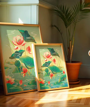 Serene lotus pond with vibrant lilies and lush green leaves