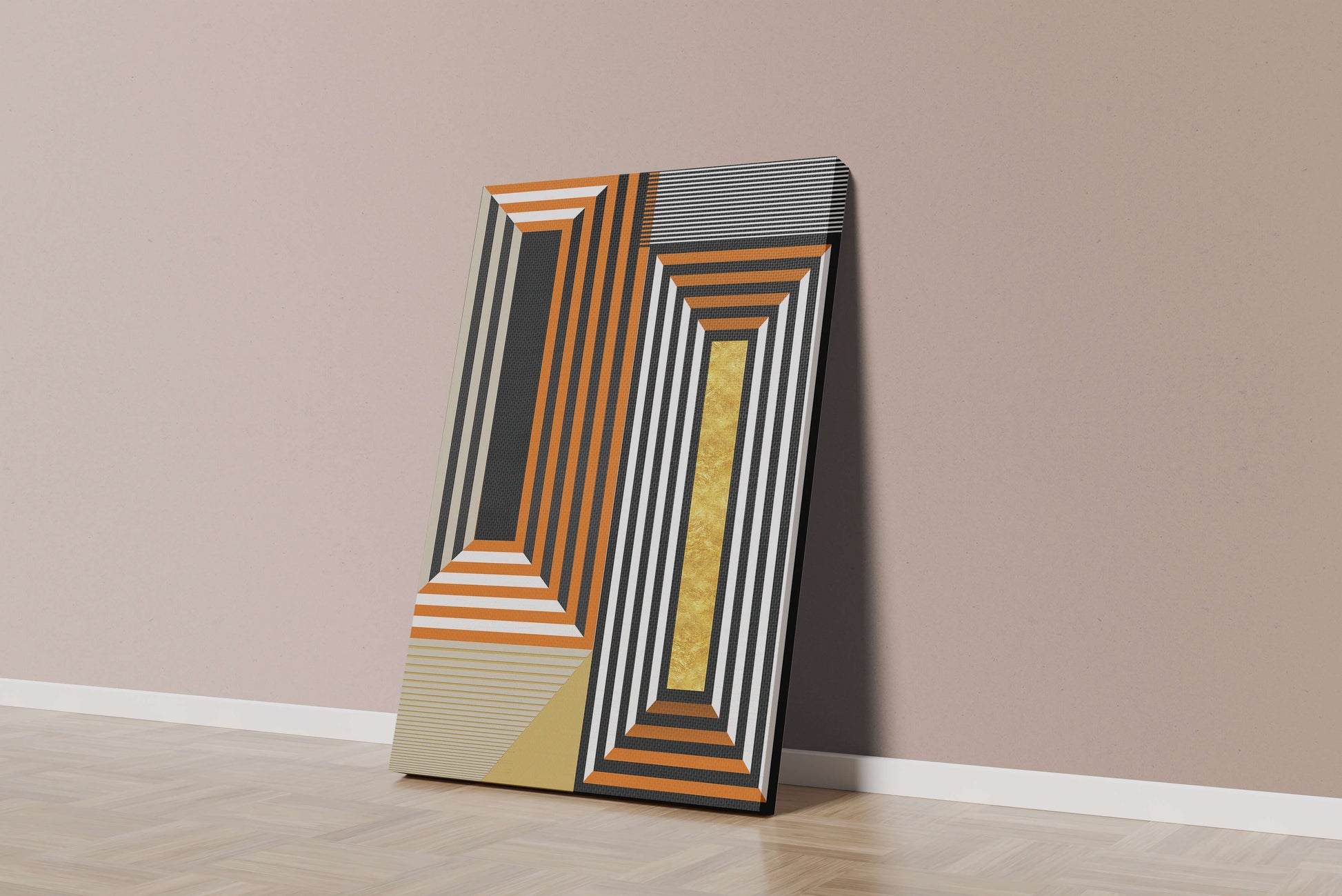 Geometric Abstract Art with Stripes and Gold Element in Orange, Black, and White