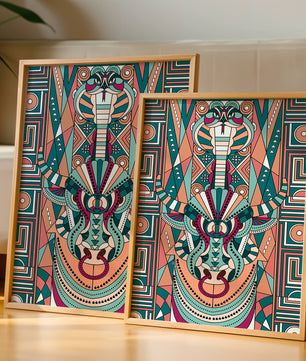 Ilustración art déco geométrica intrincada de serpiente y toro
