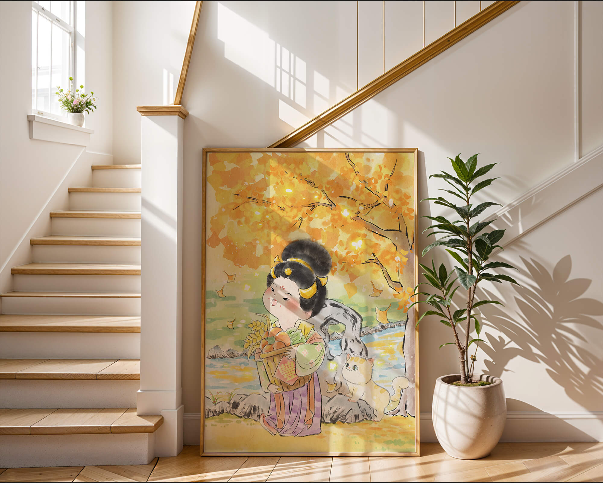 Charming watercolor scene of girl with basket in autumn setting