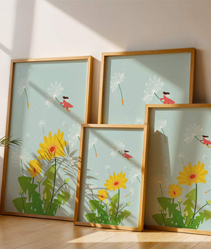 Whimsical illustration of a girl flying with dandelions in a colorful floral scene