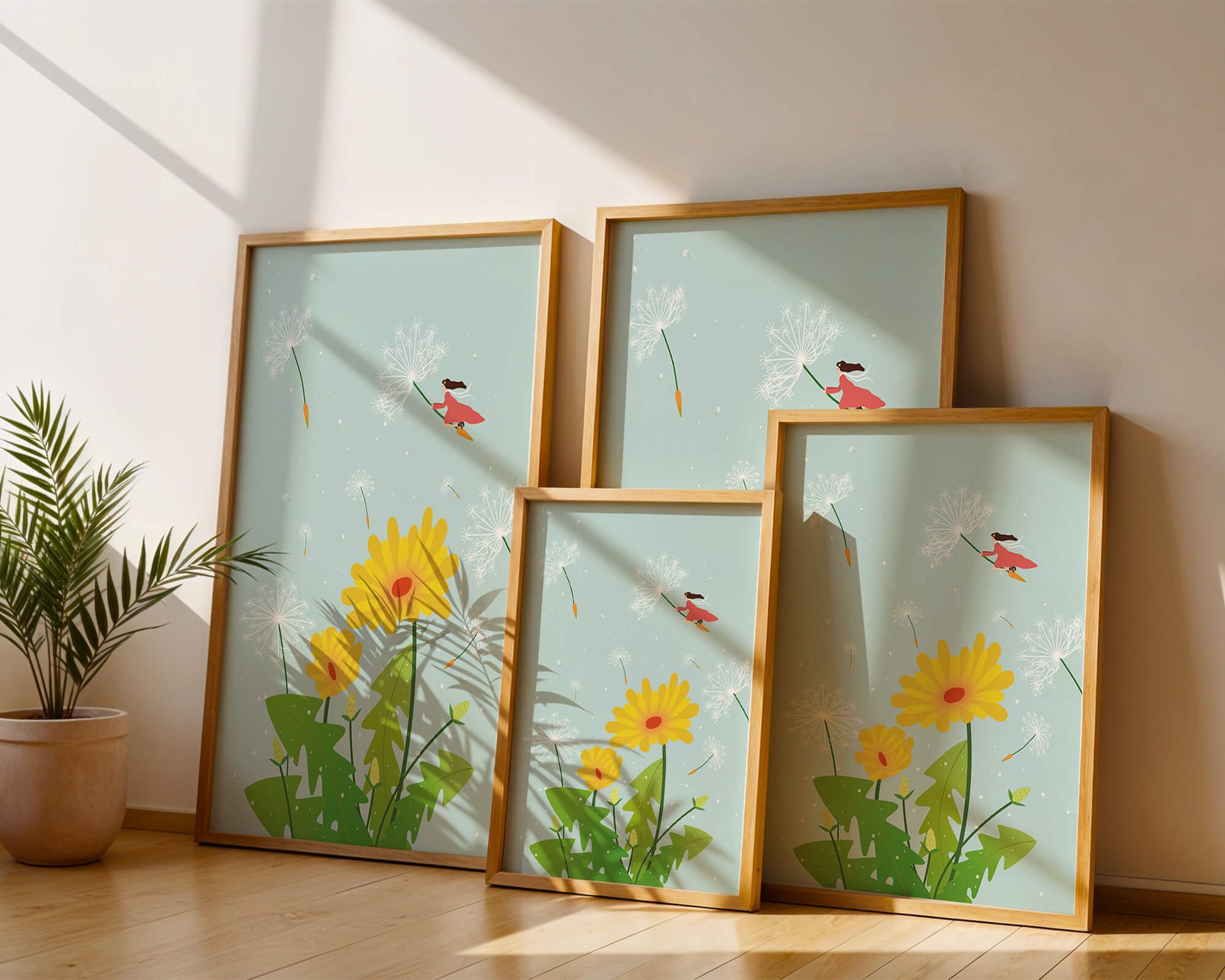 Whimsical illustration of a girl flying with dandelions in a colorful floral scene