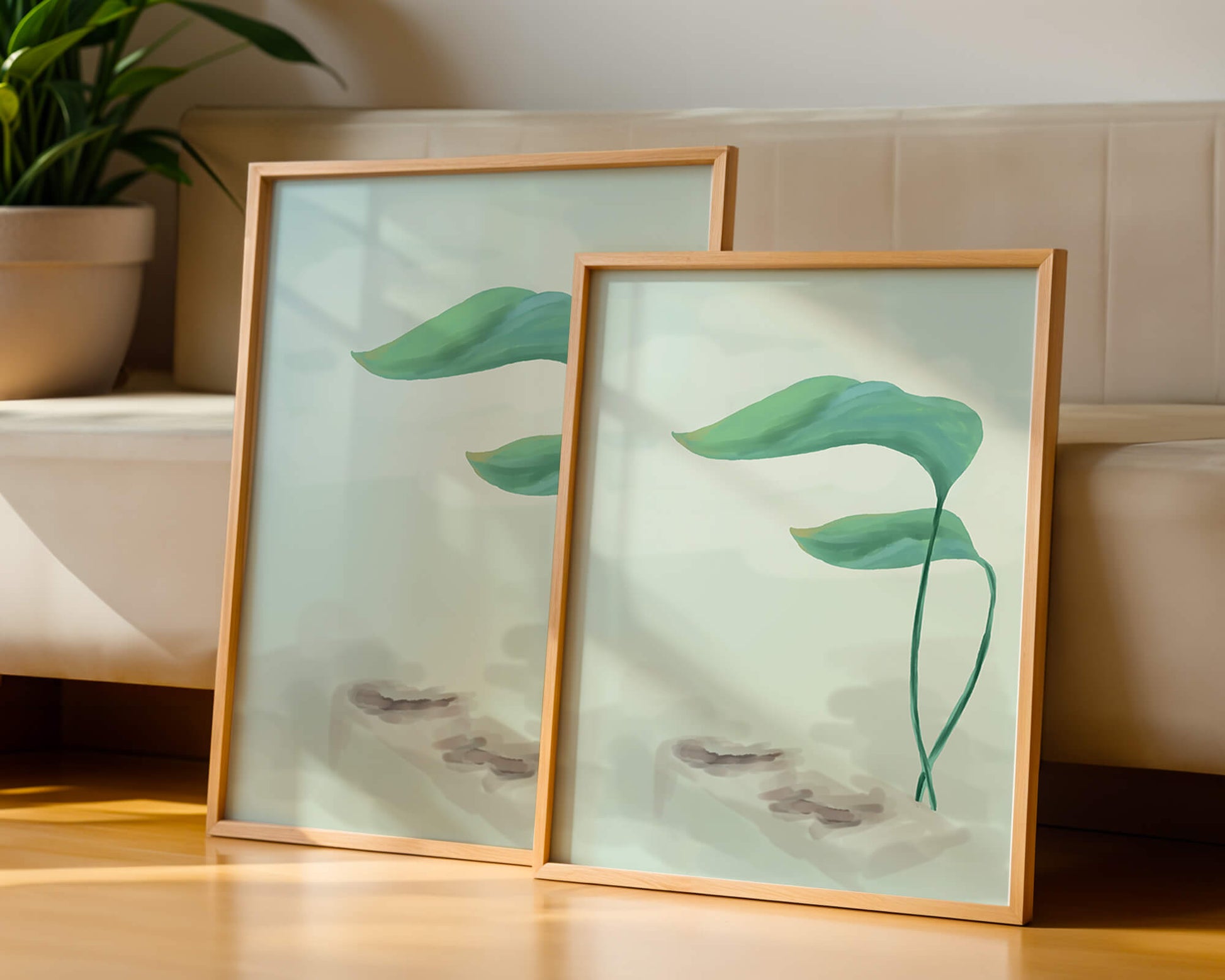 Minimalistic Art of Green Leaves on Abstract Background