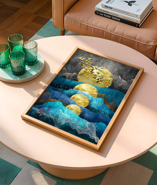 Abstract Landscape with Golden Sun and Flying Birds