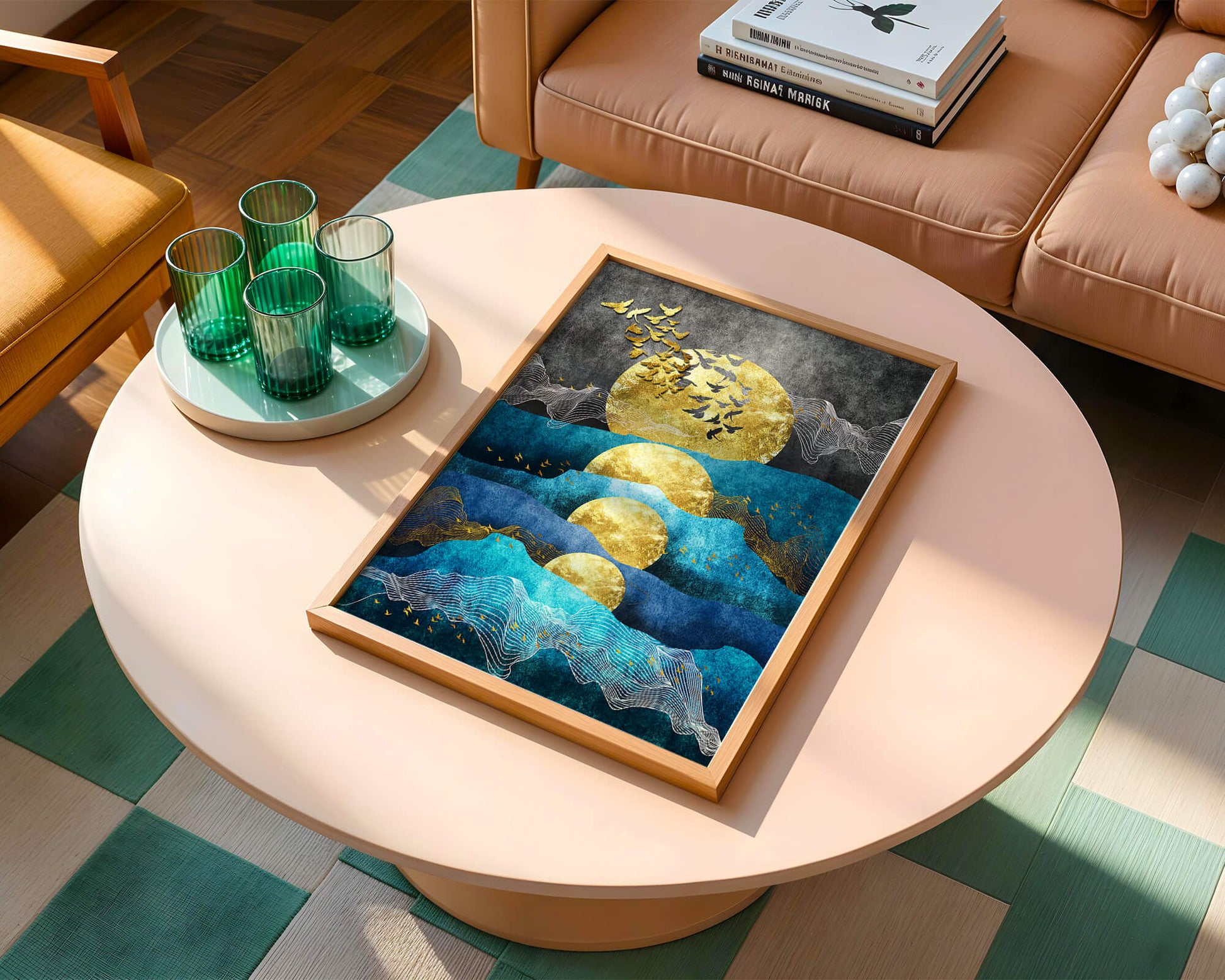 Abstract Landscape with Golden Sun and Flying Birds