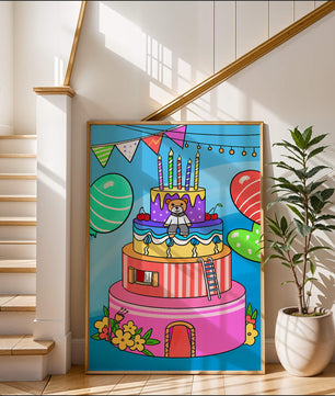 Colorful birthday cake with teddy bear and festive decorations
