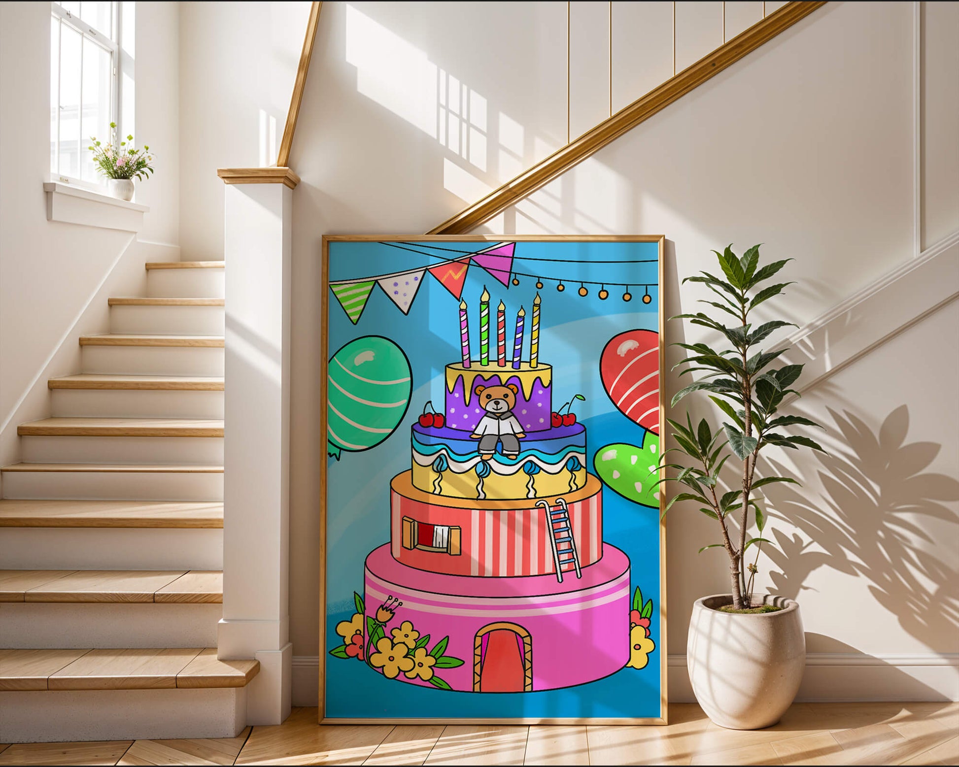 Colorful birthday cake with teddy bear and festive decorations