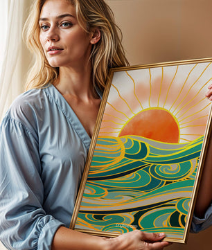 Sunrise over stylized ocean waves with gold accents