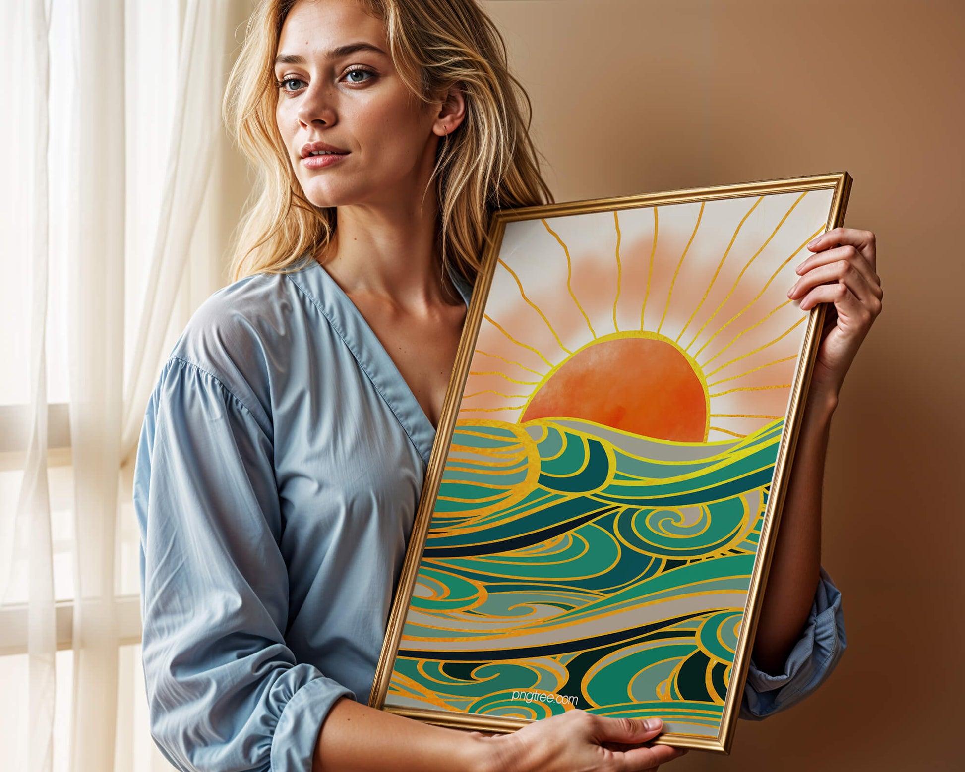 Sunrise over stylized ocean waves with gold accents