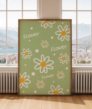 Estampado floral con margaritas sobre fondo verde