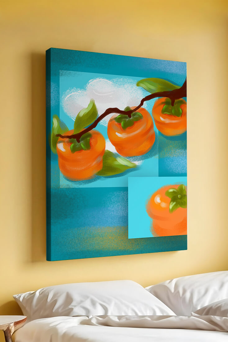 Vibrant persimmons on a branch with a blue background