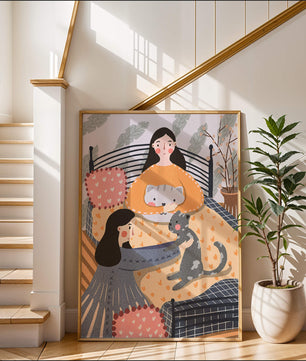 Escena interior acogedora con mujeres, gatos y elementos decorativos