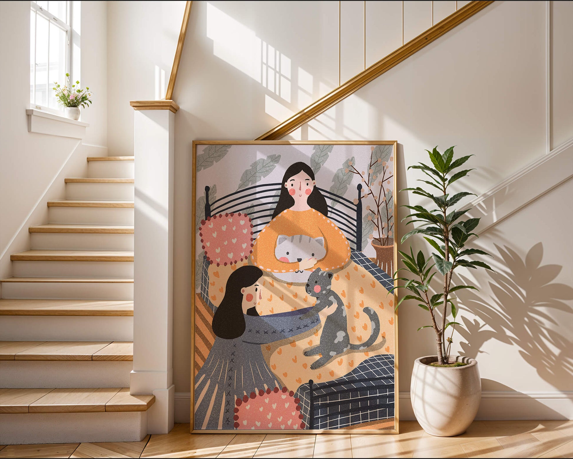 Escena interior acogedora con mujeres, gatos y elementos decorativos