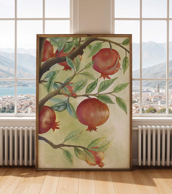 Watercolor illustration of pomegranates on a branch with leaves