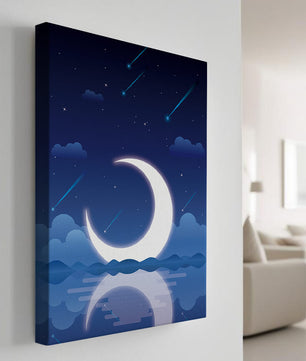 Serene night sky with crescent moon reflecting on water