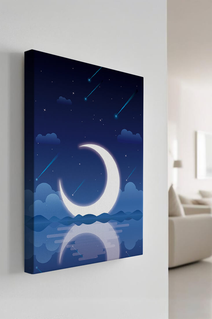 Serene night sky with crescent moon reflecting on water