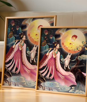 Traditional Asian Art with Flute Player and Moon Rabbit