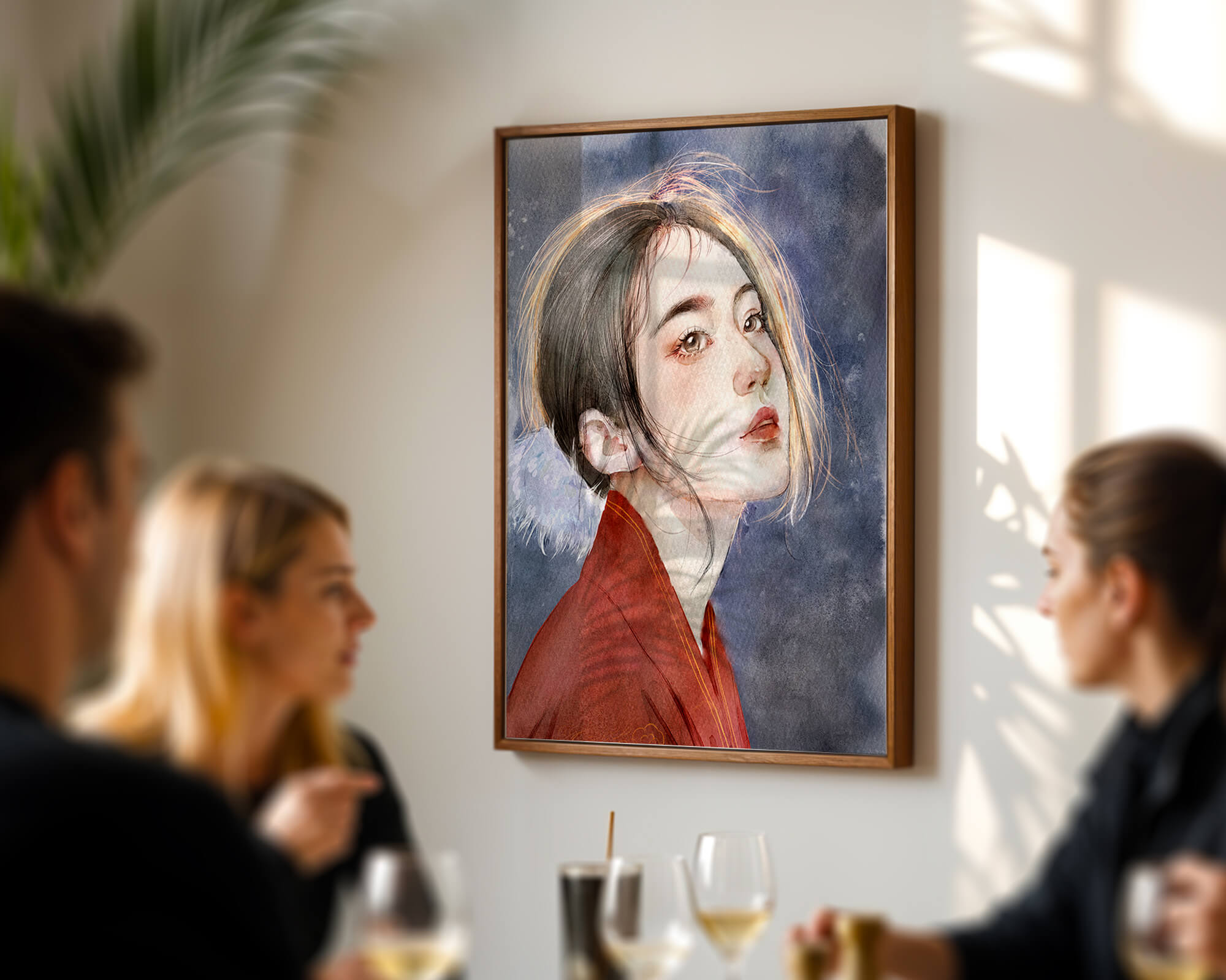 Watercolor portrait of a woman in a red garment with expressive features