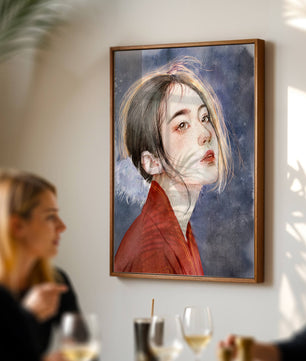 Watercolor portrait of a woman in a red garment with expressive features