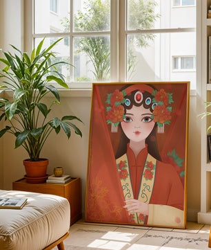 Traditional Asian Portrait with Floral Headdress and Elegant Garments - Mi tienda
