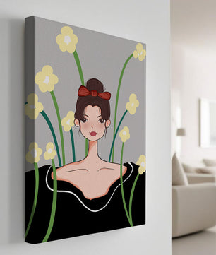 Ilustración de una mujer con fondo floral y lazo rojo