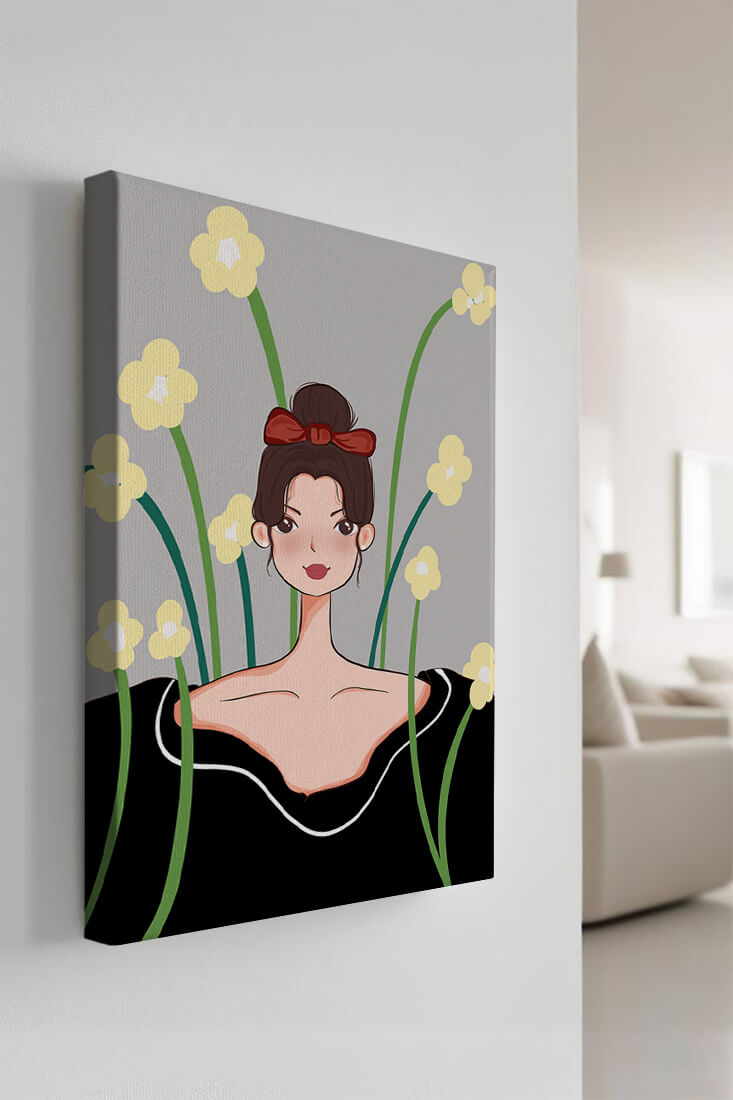 Illustration of a woman with floral background and red bow