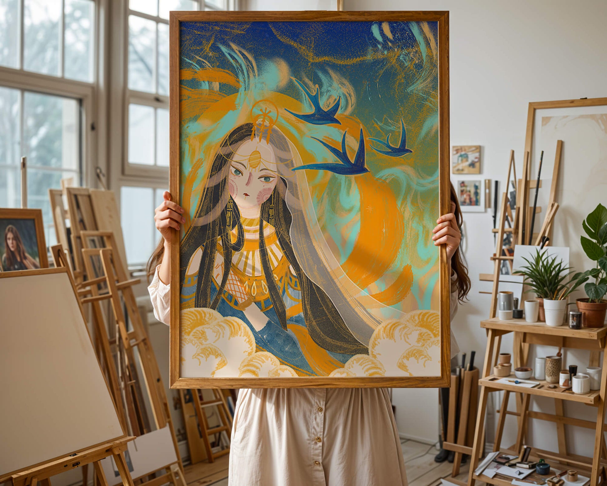 Majestic Goddess with Birds and Golden Elements in Mystical Setting
