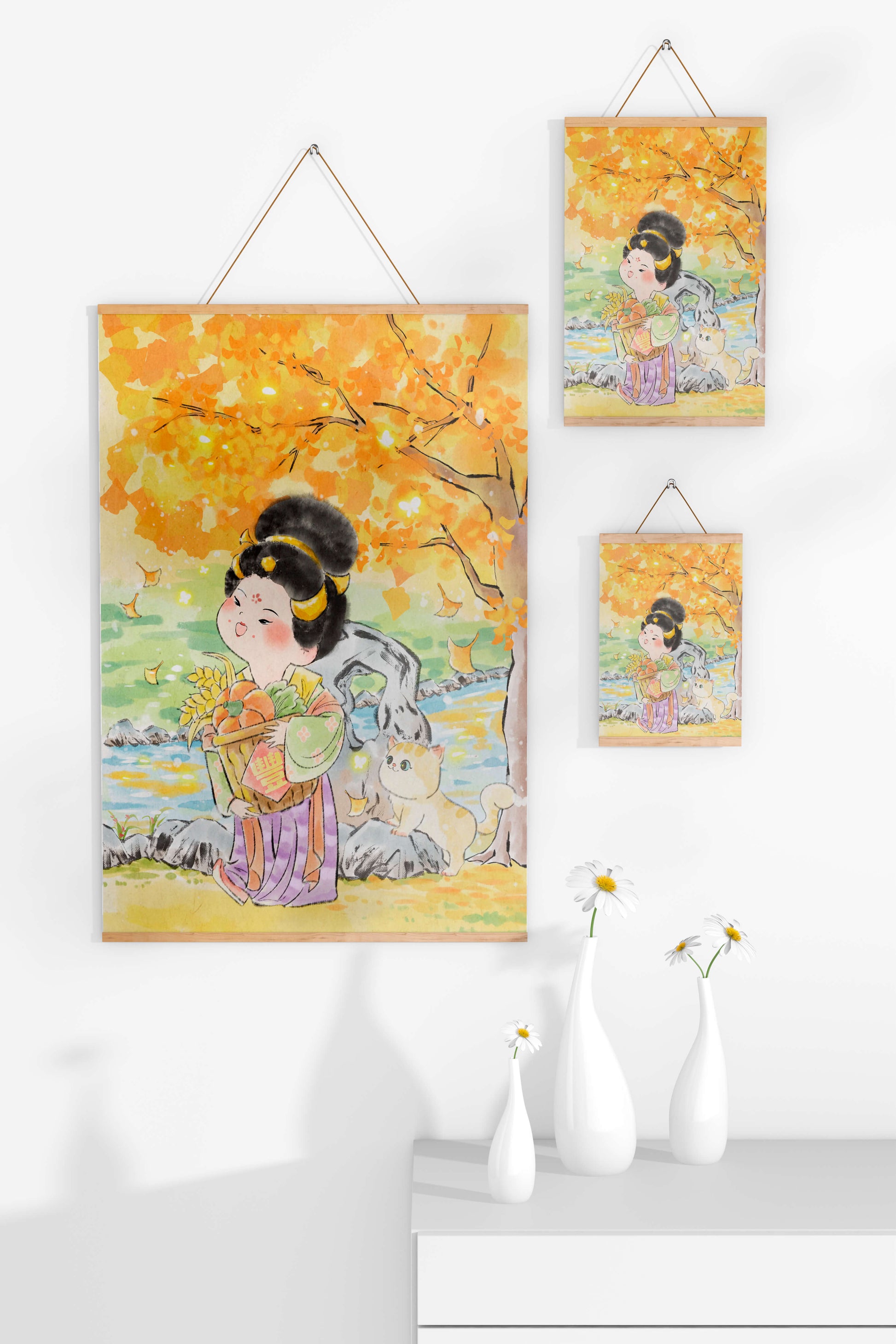 Charming watercolor scene of girl with basket in autumn setting