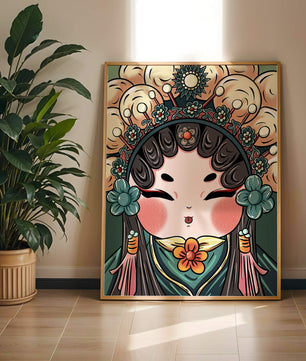 Ilustración encantadora de una muñeca china tradicional con tocado floral