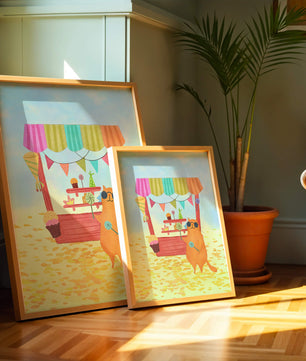Gato ilustrado con gafas de sol en un puesto de dulces colorido