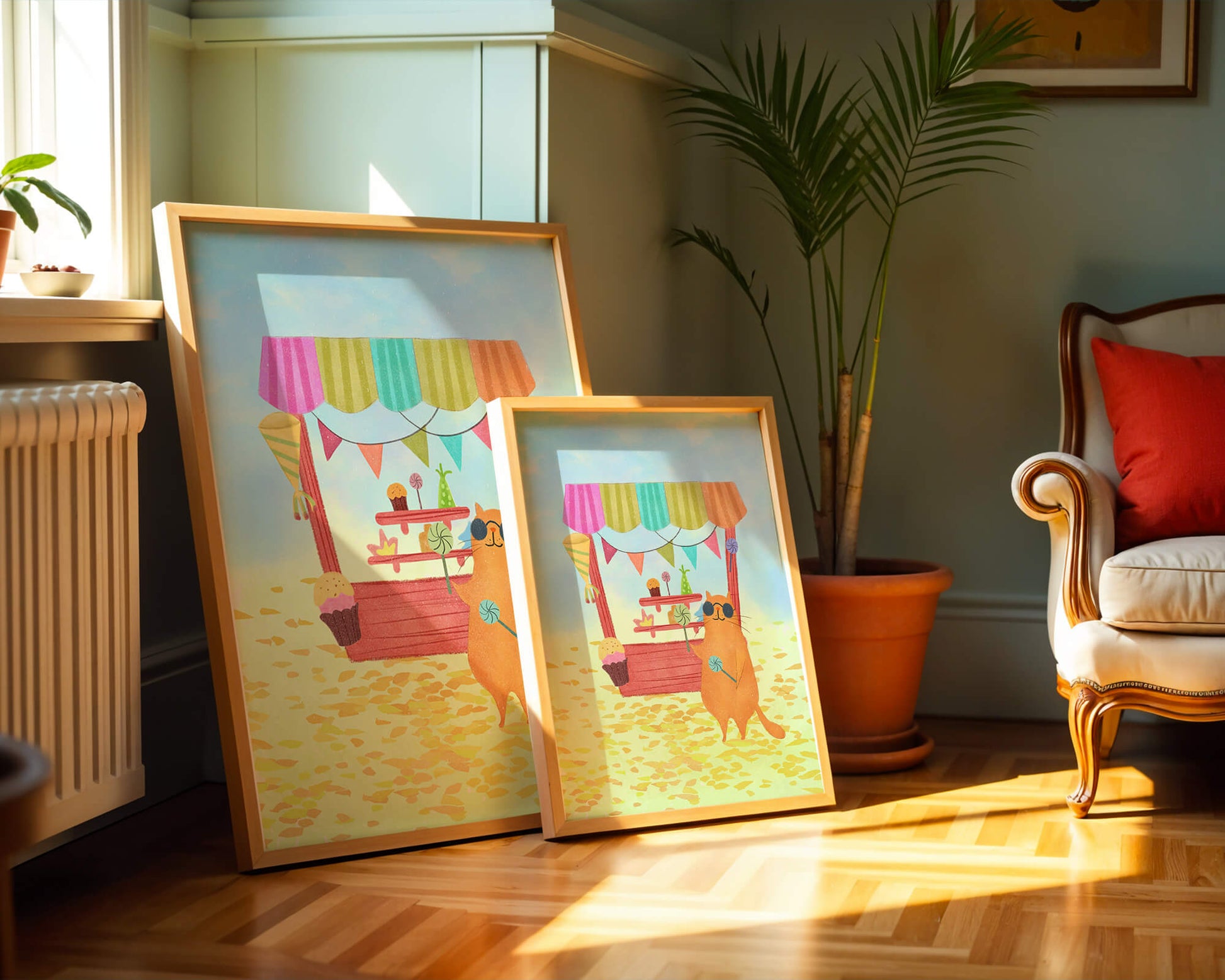 Illustrated Cat with Sunglasses at a Colorful Candy Stand