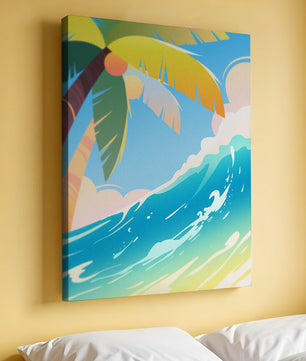 Escena vibrante de playa tropical con palmera y ola del océano