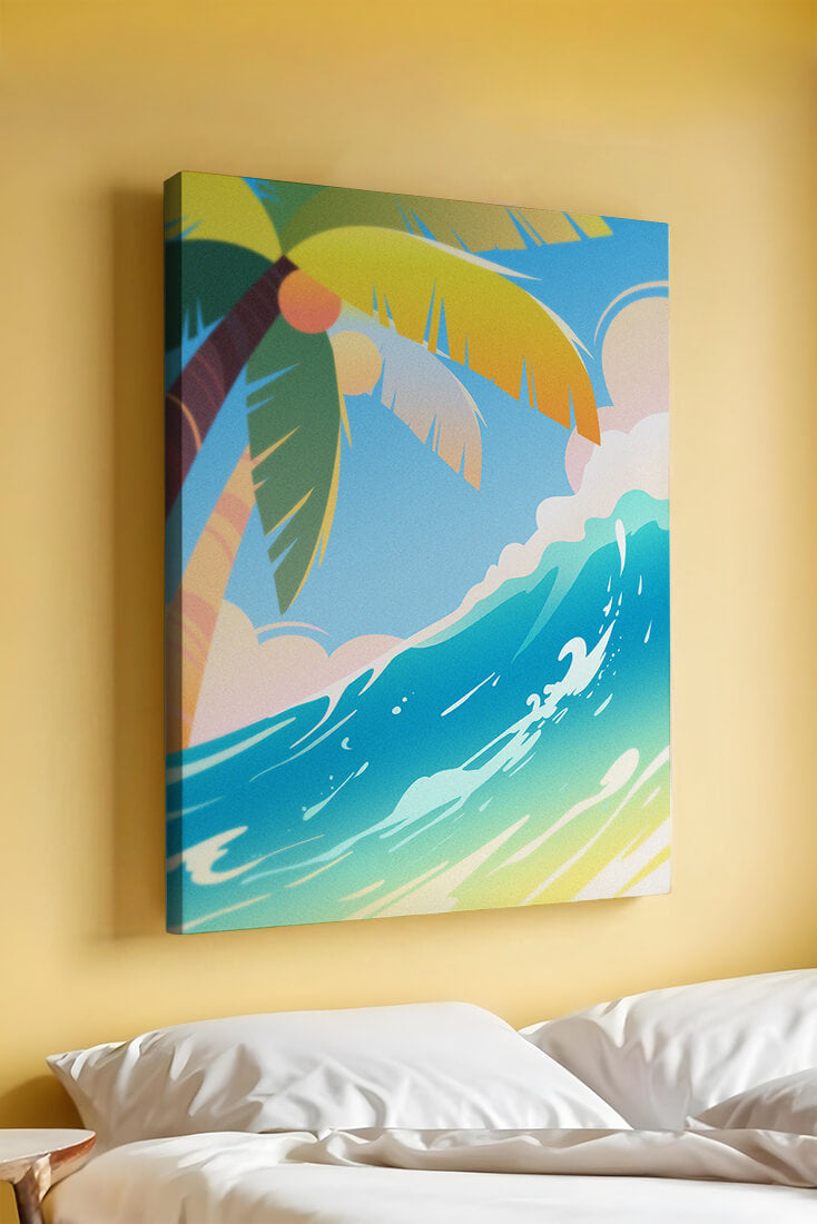 Escena vibrante de playa tropical con palmera y ola del océano