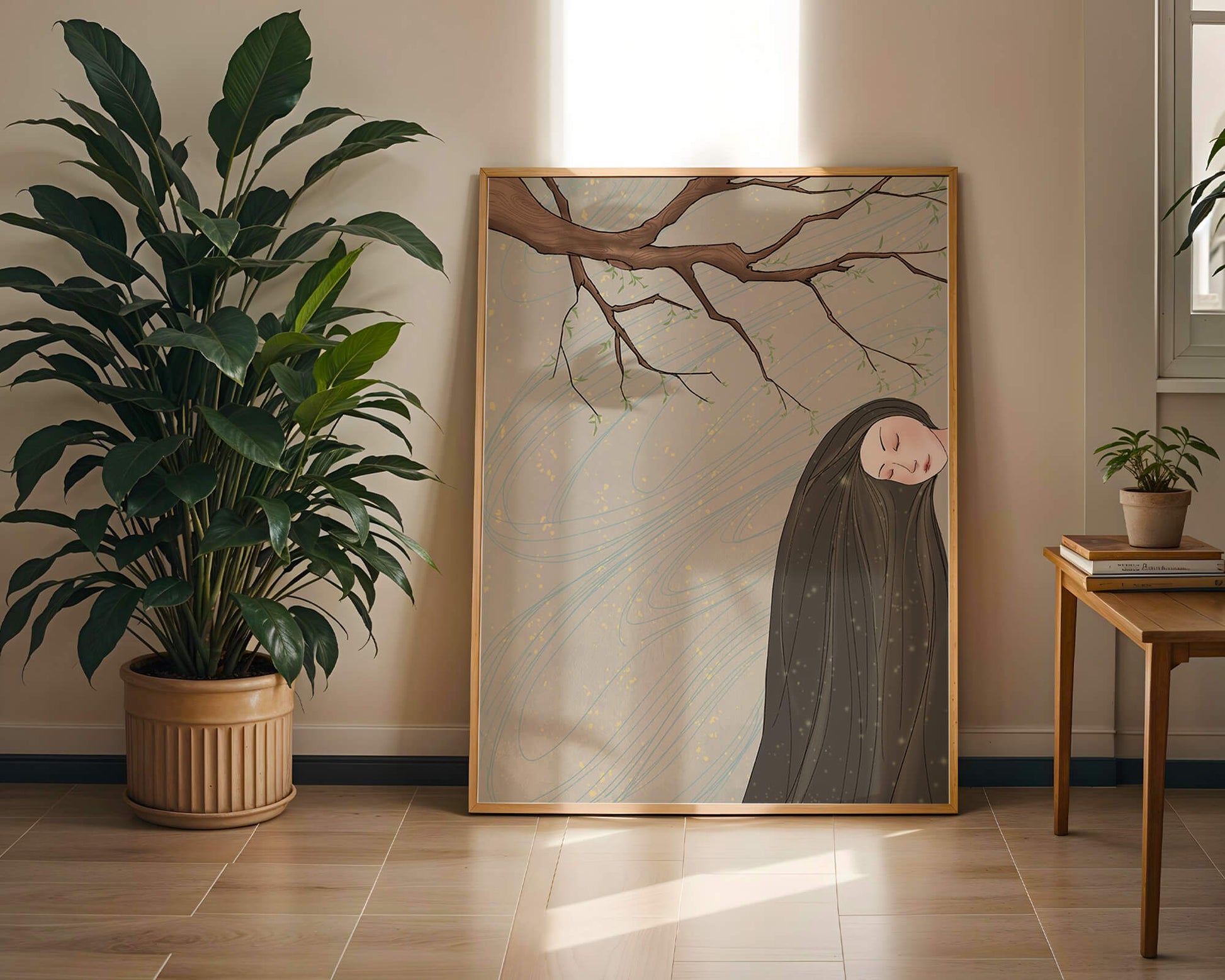 Serene illustration of a woman intertwined with nature and flowing designs